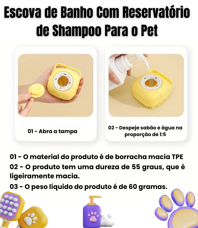 Escova de Banho Com Reservatório de Shampoo Para o Pet