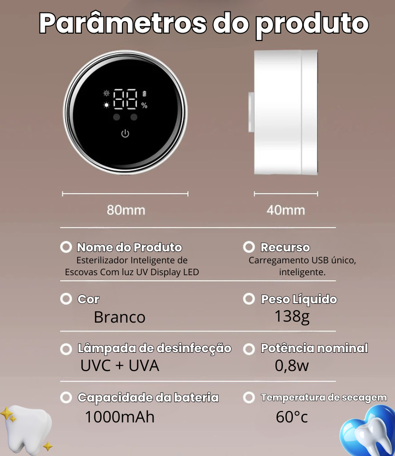 Esterilizador Inteligente de Escovas Com luz UV Display LED