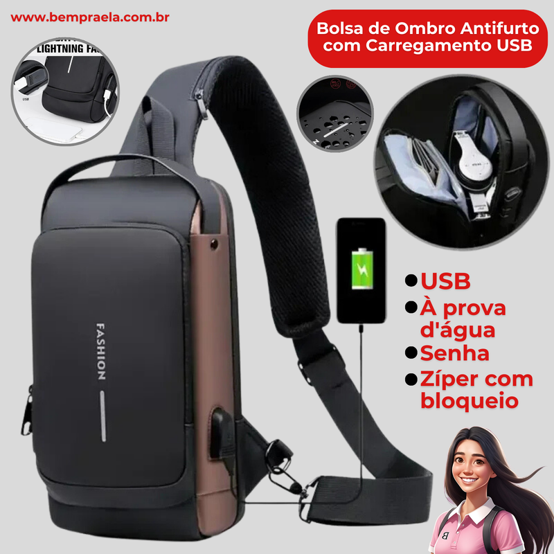 Bolsa de Ombro Antifurto com Carregamento USB