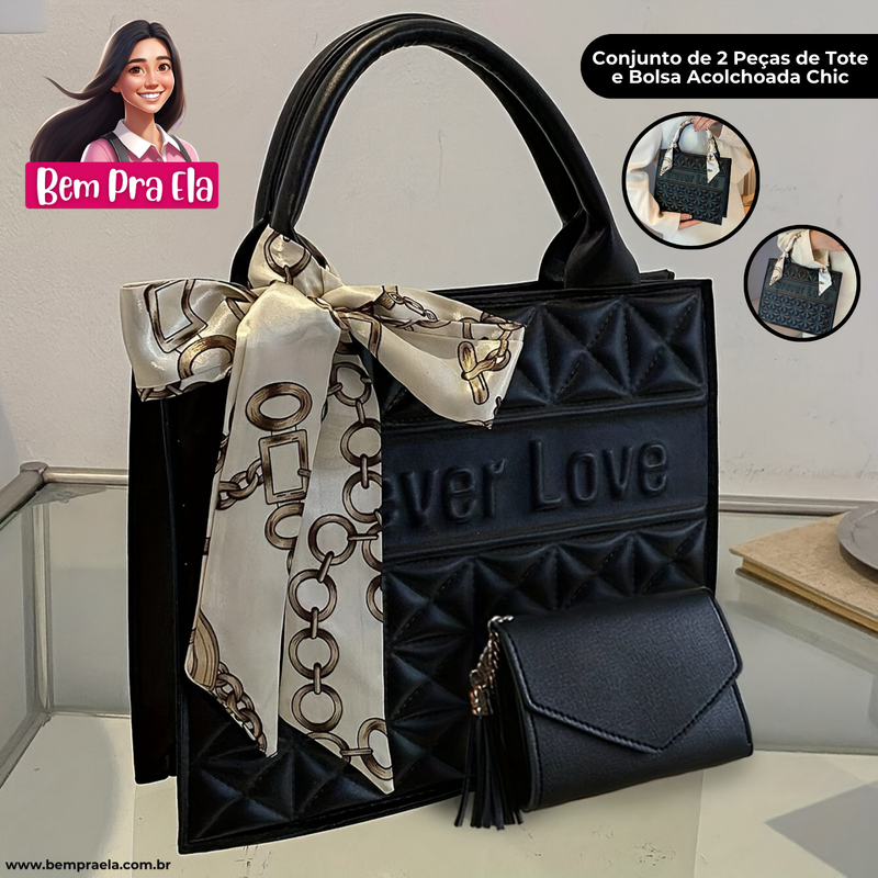 Conjunto de 2 Peças de Bolsas Acolchoada Chic com Gravação "NEVER LOVE"